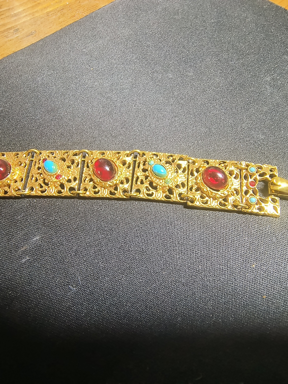 Coro Gold-Tone Bracelet with Red and Turquoise Cabochons - Picture 2 of 4